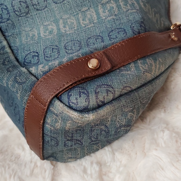 Authentic Gucci Blue Monogram Denim Shoulder Bag with Brown Leather Straps RARE! - Picture 8 of 16